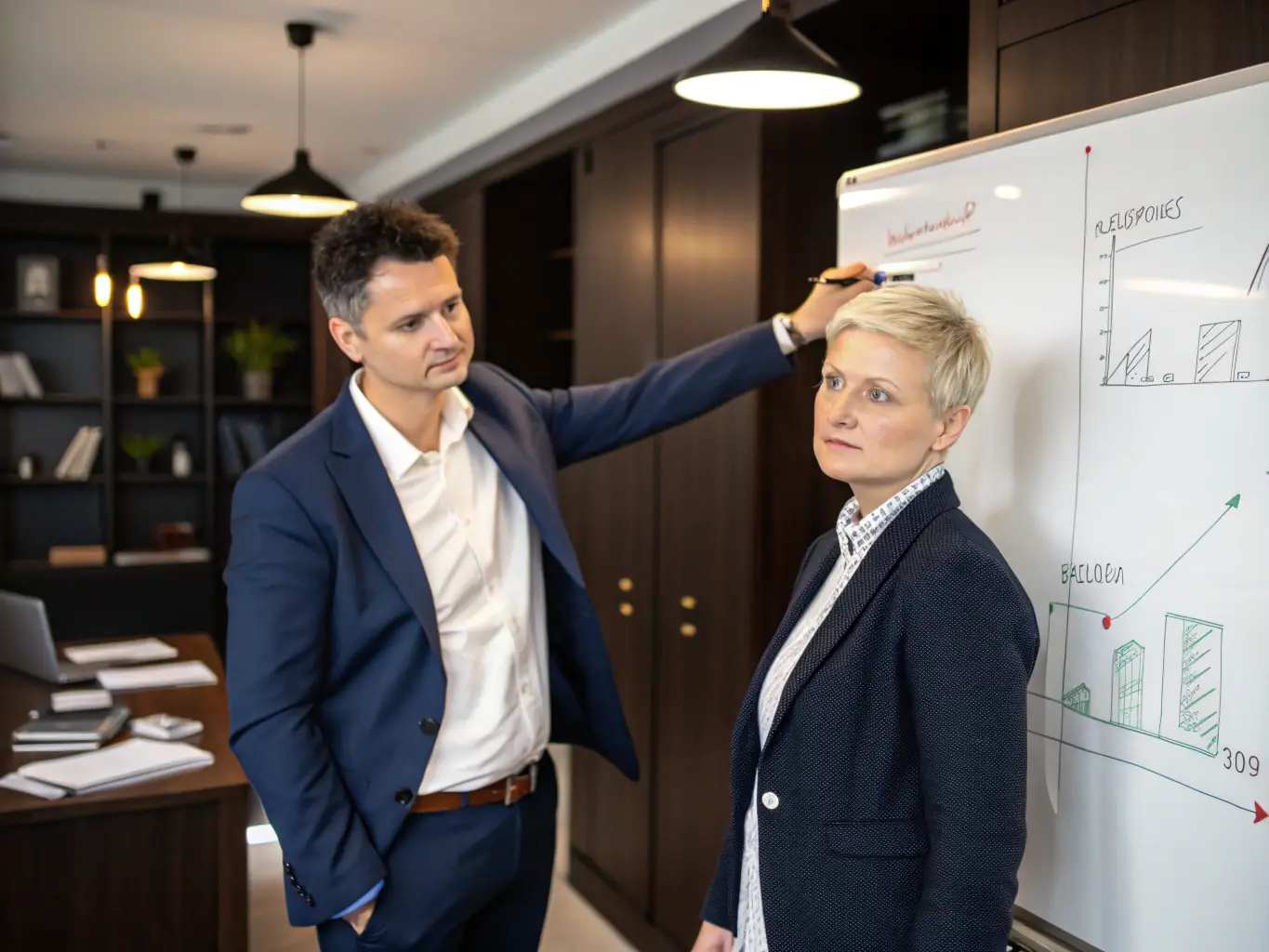 A professional coach guiding a UK-based entrepreneur through a strategic planning session, using a whiteboard with business growth charts and graphs.