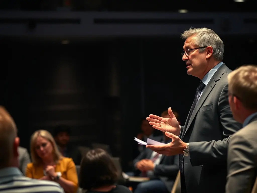 A confident business leader standing in front of their team, delivering a motivational speech, with a focus on teamwork and achieving common goals.