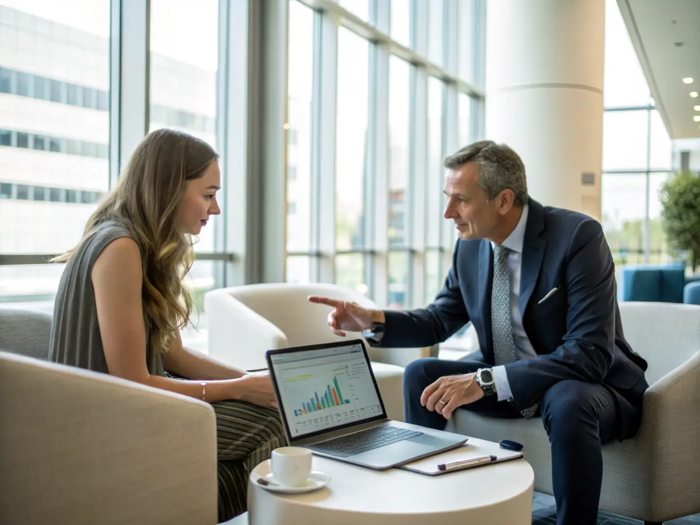 A professional business coach in a modern office setting, guiding a client through a strategic planning session, with visual aids like charts and graphs displayed on a screen.