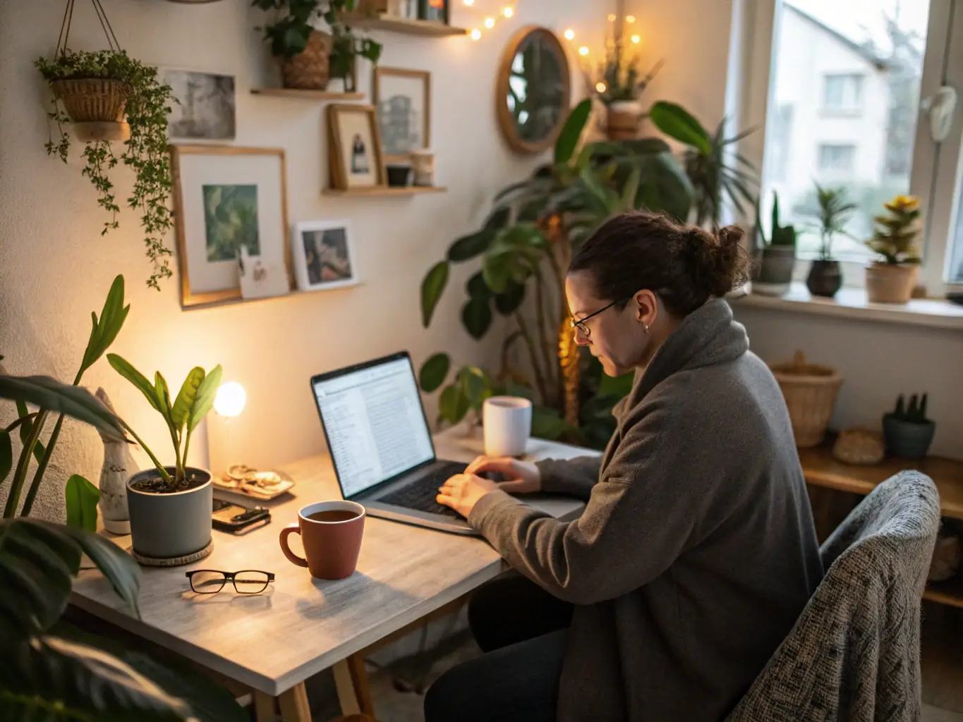 A person working on a laptop in a relaxed home environment, balancing work tasks with personal activities, symbolizing work-life balance.